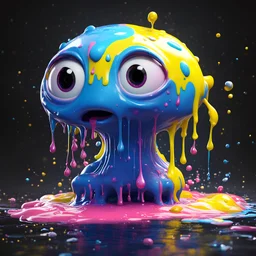 ((gooey melting creature)), pixar animation style, large white eyes, whimsical fluid form, ((dripping)), yellow, blue, pink drizzle, adorable and cute, photorealistic cg, 3D concept art, dark background, playful, soft smooth lighting, highly detailed, stylised and expressive, sharp, wildly imaginative, skottie young, 3d neon graffiti, pop surrealism, rainbow coloured sprinkles, pop candy toppings , smooth texture, cgsociety, Maya render, ray tracing, industrial light and magic