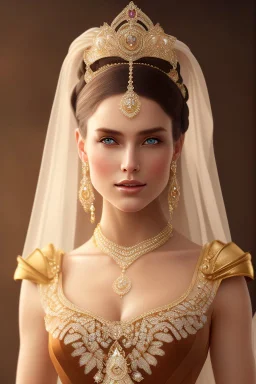 full body shot , beautiful and gorgerous duchess with incredible jewellery in 19th century clothing by fGreg Rutkowski and Artgerm and Emile Vernon and Vladimir Volegov, in a brown dress, mystical castle background, art illustration, natural beauty, muted colors, pastels, perfect fingers, higly detailed, expressive, high detail, symmetrical, digital painting, symmetrical eyes, dynamic lighting, artstation, cinematic lighting, intricate artwork, emitting diodes, smoke, artillery, sparks, racks, s