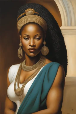 oil painting, in Michael Parkes style, ((best quality)), ((masterpiece)), ((realistic, digital art)), (hyper detailed), Upper body Portrait painting of a African American woman, in artistic pose, vivid coloring, painted by Michael Parkes