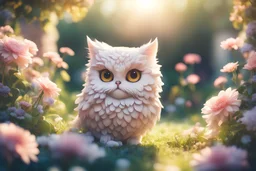 cute chibi antropomorph cat owl in a flowergarden in sunshine, ethereal, cinematic postprocessing