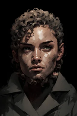 Portrait of a young female with short curly hair, horn on her forehead, and make it distinctive. Include gray eyes, with a tan skin complexion. Draw the portrait in the style of Yoji Shinkawa.