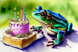 Frog is having a birthday cake. Highly detailed, smooth colours, realistic landscape. Aquarell