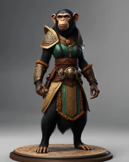 tabletop role-playing miniature of a female chimpanzee-ork-elf cleric wearing minoan-medieval clothes. full body. concept art in the style of larry elmore. hyperrealism 4K ultra HD unreal engine 5 photorealism.