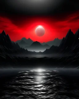 ocean and red sun, mountainous landscape, dark silver and black tones, sci-fi influenced, photo-realistic landscapes, symmetrical