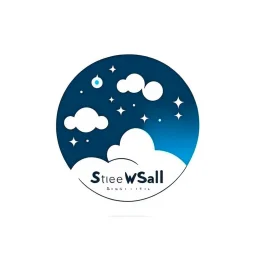 Logo, vector, clean, circle logo with a face looking up at the moon clouds and stars