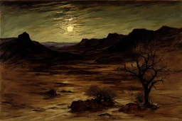 Dry trees, night, arid land, vegetations, rocks, little river, mountains, philip wilson steer impressionism painting