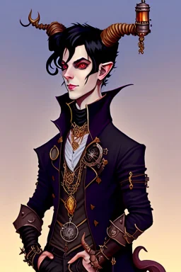 Young tiefling nobleman alchemist with black hair horns and large reptilian tail steampunk jewelry and potion bottles in the style of Charles Addams