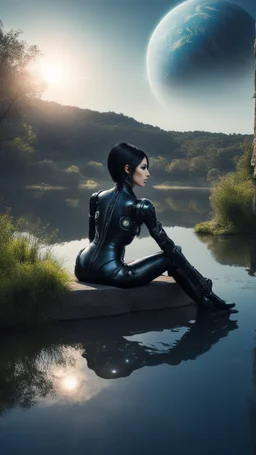 Fantasy Photo Of A Woman With Black Hair, Wearing A robot-looking catsuit, Sitting sideways On A Ledge next to a Pond, With A Planet rising Behind Her Head