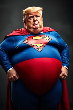 a thoroughly confused and morbidly obese donald trump dressed as superman