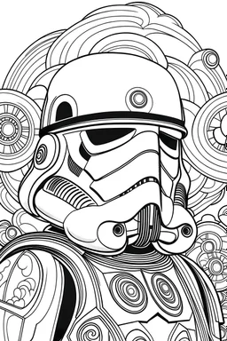 evolve diagram on right. keep stormtroooper facing stright forwards.coloring book style with storm trooper wearing a classic Mexican sombrero on clear white background