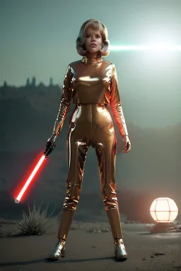 Ultra Realistic retro sci-fi portrait image from 1960, spaceship, sweet young Jane Fonda, tight latex suit, lightsaber fighting stance, soft color, highly detailed, unreal engine 5, ray tracing, RTX, lumen lighting, ultra detail, volumetric lighting, 3d, finely drawn, high definition, high resolution.