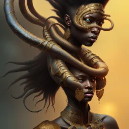 sango fantasy, fantasy magic, intricate, sharp focus, illustration, highly detailed, digital painting, concept art, matte, masterpiece snake head sexy lady body black African beauty tiger wearing African hair total head air background