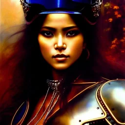 portrait beautiful face 'Female Biker on Akira Bike(1988)',busty,ancient metal armor balanciaga fashion clothe painting by gaston bussiere, greg rutkowski, yoji shinkawa, yoshitaka amano, tsutomu nihei, donato giancola, tim hildebrandt, oil on canvas, cinematic composition, extreme detail,fit full head inside picture,16k