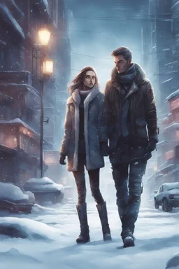 Science fiction, cyberpunk, city street, couple girl and guy, together, love at first sight, forbidden love, winter