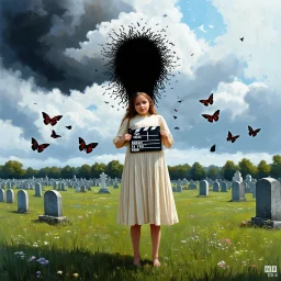 "DREAD IS ALL YOU KNOW" text in shaky writing, metaphoric, girl dressed in an ecru sun dress with a black void face despondently standing in a cemetery holding a small director's clapperboard with a swarm of black butterflies exiting the void face and forming a dark cloud in the sky, hallucinogenic color matte oil painting, photo negative glitchy rainbow pixelated corruption textures, unsettling nightmare setting, moody, sinister, profound, dramatic, fantastical,