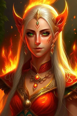 female eladrin fire druid . long light hair made from fire. Tanned skin. Eyes are red