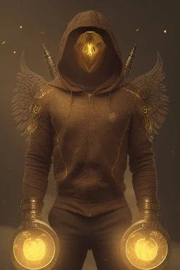 running berserker portrait , no face, black jogging suite , in the night Alps , holding coins , angels background, volumetric gold light, high detail, dark leaf tree, dark mountains in background, perfect, HR Giger style