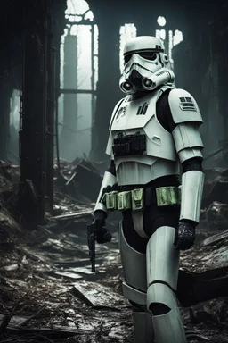 A haunting scene of a zombie Stormtrooper| decayed armor| eerie green (glowing eyes:1.2)| Staggering through a dark| abandoned Imperial base| (shadows:1.1) lurking in corners| Tattered remains of once pristine white armor| chilling atmosphere| (4k)| (8k)| Gruesome details| unsettling| cinematic| mysterious| captivating| spine-chilling| post-apocalyptic world