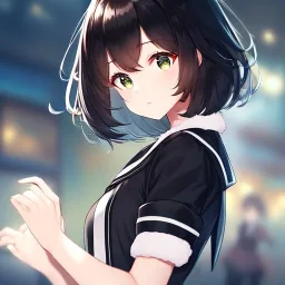 Clear focus, High resolution, fluffy black short hair, dark green eyes, wearing a black sailor uniform and pleated black skirt, fluffy hair, detailed outfit