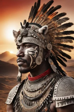 Striking portrait of Nantli warrior as anthropomorphic puma, adorned with intricately designed traditional armor and headdress. His face, painted with black and white patterns, radiates a fierce and determined expression. A red sun adorns his headdress, symbolizing strength and power. The background, a vast, golden desert landscape, with a sun setting behind some rocky outcrops. 8k