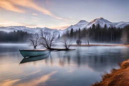 Wooden boat on silky water , cabin , tree deep on water, blu sky long exposired