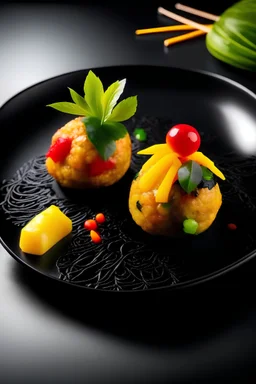 Fragrant teriyaki balls made of tender chicken, fried with vegetables and pineapple, served on a black flat plate. Accentuately contrasts on a white background created by raw rice, which complements the taste harmony of the dish.