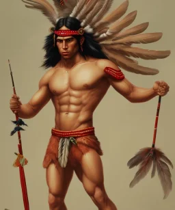 Guaicaipuro, native american god warrior, long black hair, big muscles, red feathers headdress, shirtless, holding a stone tip spear, fierce face