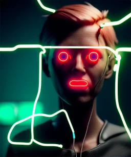 Ultra realistic photographic night portrait, cinematic, <blonde woman> <hanging wires> many wires coming out of the head <perfect pupil> <cyborg arm> <garage> <wide angle Shot> <sci-fi futuristic> <thriller>, neon lights, color fog, soft color, highly detailed, unreal engine 5, ray tracing, RTX, lumen lighting, ultra detail, volumetric lighting, high definition.