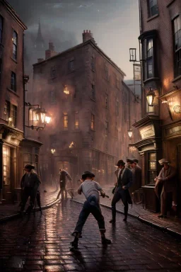 photorealistic painting of young boy fighting old boy, industrial era, 1800, night time, many people in tophats in background, diagon alley, glowing lights, reflections on ground, spots of fire