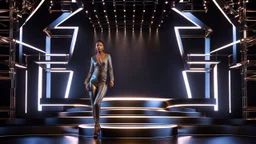 a 3d fractal stage structre made of metallic dark color 3d structures, pertty artistc background,dynamic lights,lady prances in modern fashion clothing dansing in stage