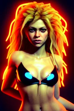 portrait, Shakira, blonde artist, angry, Realistic image, latex style dress. Skewers, loose long hair, eyes make up, perfect, glow, circle iris. Neon colors, leds, geometric shapes. Dark background, photo studio, neon lights. Mad max, concept art, smooth, unreal engine 5, god lights, ray tracing, RTX, lumen lighting, ultra detail, volumetric lighting, 3d, finely drawn, high definition, 4k.