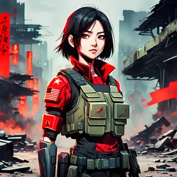 Futuristic battle-scarred but optimistic Vietnamese female marauder, sly half-smile, red and black bulletproof vest, post-apocalyptic background, anime style