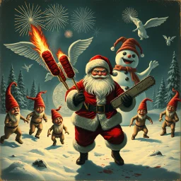 there is no kebabs at christmas, evil Santa, evil naked gnomes running around, staring flaming eyes, evil naked Rudolf, very big evil melting angry Frosty the snowman in background, 1940 christmas postcard, blood stains, Flying angels, Santa holding a chainsaw, fireworks,