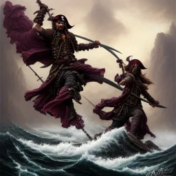 a pirate warrior in maroon and black full battle armor, a highly detailed illustration, background of giant crashing ocean waves, realistic render, 8 k, micro detail, intricate, elegant, centered, digital painting, Artstation, smooth, sharp focus, illustration, artgerm, tomasz alen kopera, peter mohrbacher, donato giancola, joseph christian leyendecker, wlop, boris vallejo