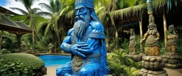 A blue resort on a splashing island designed in Hawaiian tiki statues painted by Leonardo da Vinci