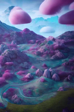 a psychedelic realm with rolling plains made out of clouds, mountains made out of icebergs, and plant life made out of cotton candy, in the style of wlop and namek, illustration, epic, fantasy, hyper detailed, smooth, unreal engine, sharp focus, ray tracing