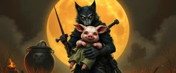 bad ninja wolf carrying a lovely scared wtf are you up to, pig girl with dress under his arms, big cauldron in the background in the style of escher and fallout 4