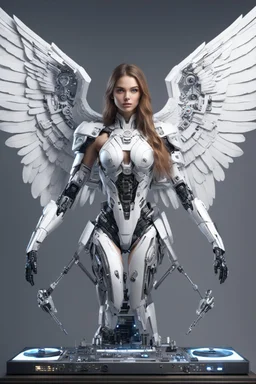 Front view Fullbody gorgeous Realistic Photography beautiful super model Russian as playing Dj player cyborg mechanical electrical realistic beautiful Angel woman hyper detailed, sci-fi concept art