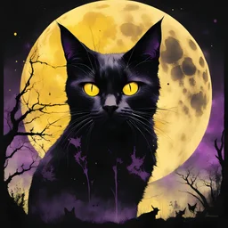 double exposure of a scary black cat by Andreas Lie, magnificent evil screaming black cat silhouette against a yellow full moon in the vision, noir imagery transparent photo layering, midnight malignancy visions, by Russ Mills, by Esau Andrews; by Simon Bisley ethereal horror hyperdetailed mist, holographic cosmic illustration mixed media, purple hues and yellow tints, ink splatter
