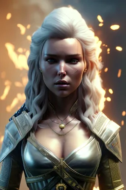 Camilla luddington face, texture skin,Crystal yellow eyes, long white hair, wearing The witcher 3, realistic, 4k, intricate, best quality, fog particles, fire particles, octane render, vray, sword fire