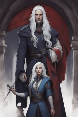 A couple, from the dnd game curse of Strahd. The woman has long white hair and blue eyes, the man has LONG BLACK hair and red eyes, no facial hair.