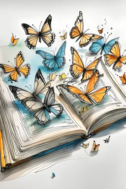 A Watercolor and pen sketch of a dozen butterflies flying out of the pages of an old book, soft colours, realistic proportions, romantic