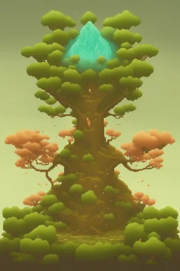 a pixel tree that sprouts in the shape of a goddess for the 2d sidescroller game