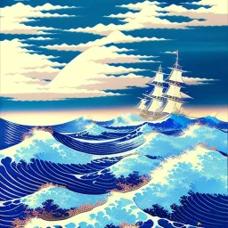 kanagawas wave with Ship in the middle by Hokusai, origami style, paper cut style