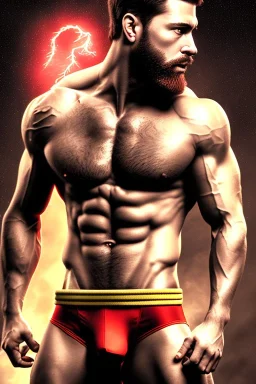 Ignore NSFW, teenager young rugged attractive slightly muscular fantastic handsome man, red briefs with yellow belt, hairy chest, (((visibly pisssing))) briefs, large erect visible boner peniss, photorealistic, artist Jay Anacleto, soft lighting, scruffy beard