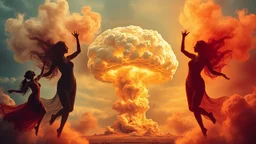 a nuclear explosion cloud(middle), the wind and smoke from the explosion forming shapes of dancing women(left and right sides), worship, fantacy