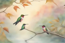 closeup, a colorful hummingbird family perched in the canopy, the siblings eating (opened mouth, the mother feeding them), twilight, looking down on the river through the canopy of a tree, on a misty twilight. over a misty pond in the hieght of fall. Watercolour by Alison Brady. Pastel colours S<AI in sunshine, ethereal, otherwordly, cinematic postprocessing