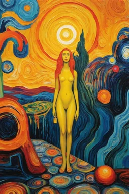 Luminous being; backdrop with a Hundertwasser and Van Gogh mashup style and with a subject in the style of Edvard Munch