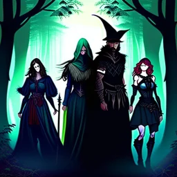 A group of four characters from a fictional book world. A witch, a gladiator, a thief, and an enchanter. The characters are in a dark forest. The characters are shrouded in mystery.