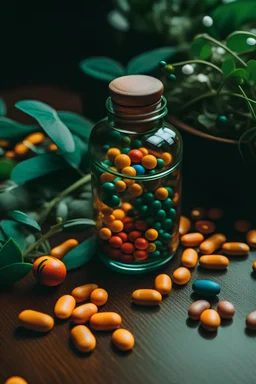 Pills spilling from bottle (add some plants in the background)
